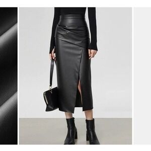 New Commense Womens  Black Faux  Leather Black Pencil Slit Midi Skirt Size XL